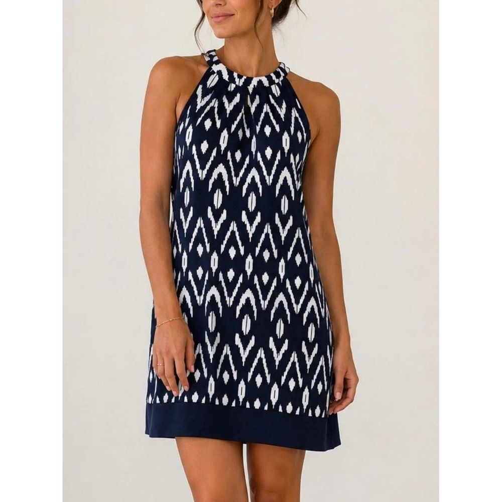 Mud Pie Natalie Bow Tie Dress S Navy White Ikat Halter Mod Summer Vacation Boho